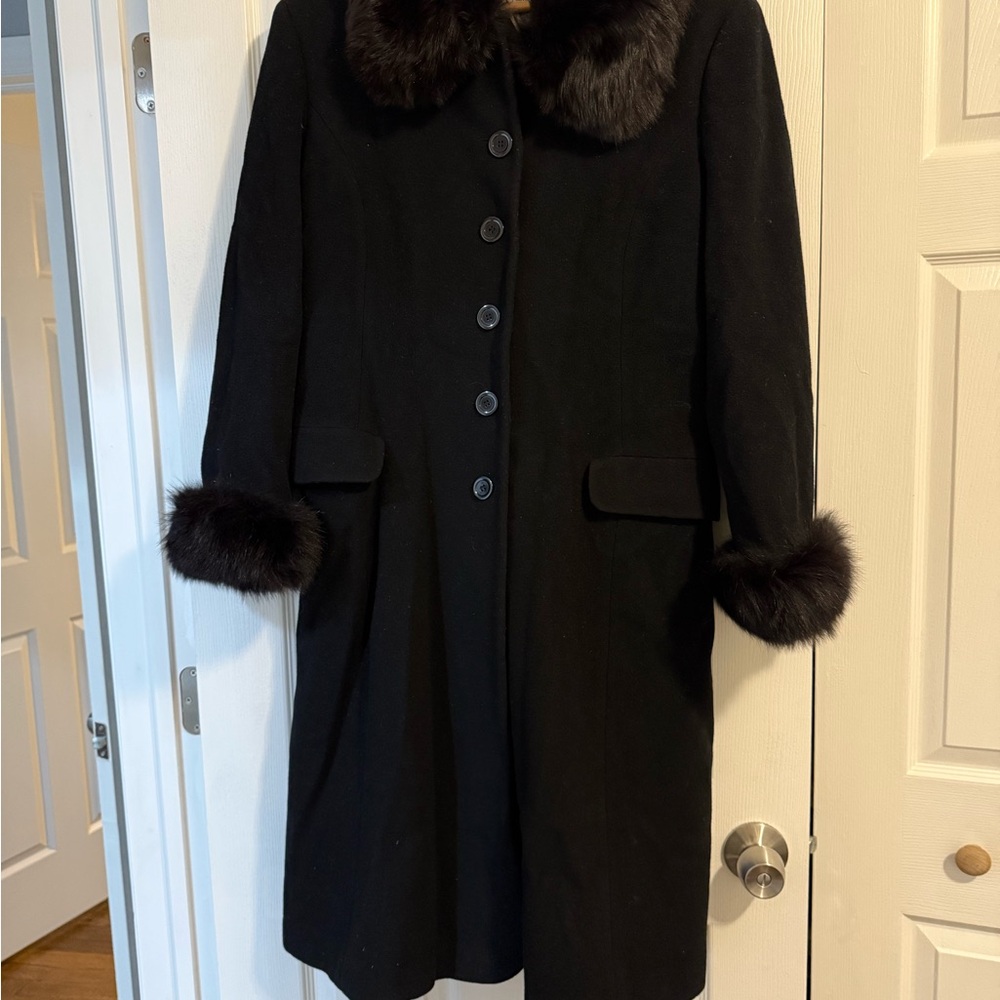 Marvin Richards Full Length 100% Lambswool Coat with Fox Fur Trim
